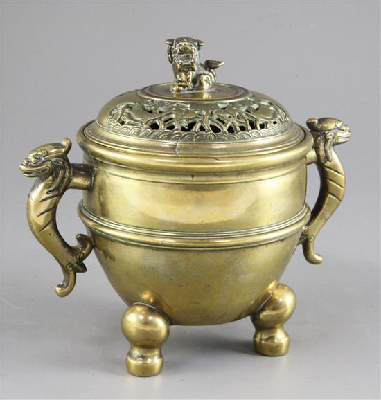 A Chinese bronze tripod censer and cover, ding, Xuande mark, 19th century, height 17.5cm